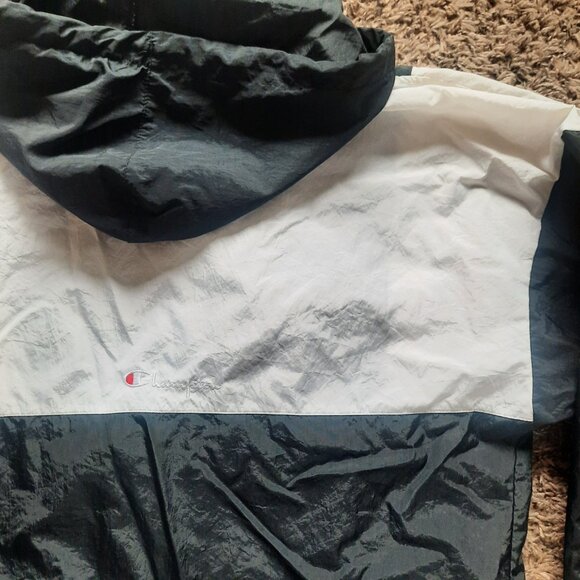 VTG Champion Windbreaker Black White 90s Y2k Hooded Pullover Kangaroo pocket - Picture 9 of 9